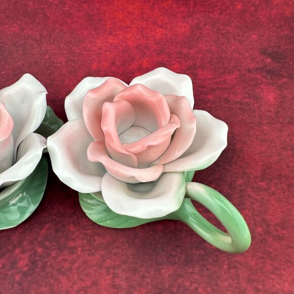 CAPODIMONTE PALE PINK ROSE VINTAGE CANDLE HOLDER SITTING GREEN STEM, SET of 2 - Picture 5 of 8